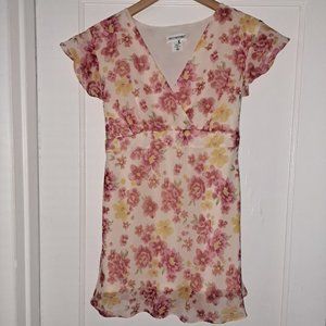 Motherhood Maternity Faux Wrap Pink Yellow Floral Gauzy Tie Back Top Size Medium